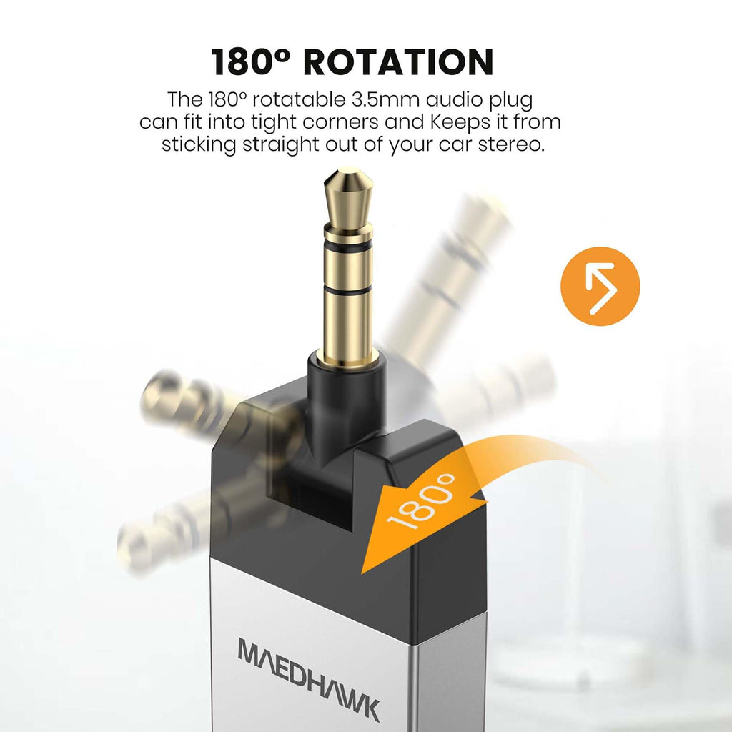 MaedHawk Aux Bluetooth Adapter Auto, Bluetooth 5.2 Empfänger Klinke Drehbarer 3.5 mm Anschluss für Auto Heim Stereo Musikstreaming (Lautstärke einstellbar, Freisprechen, A2DP)