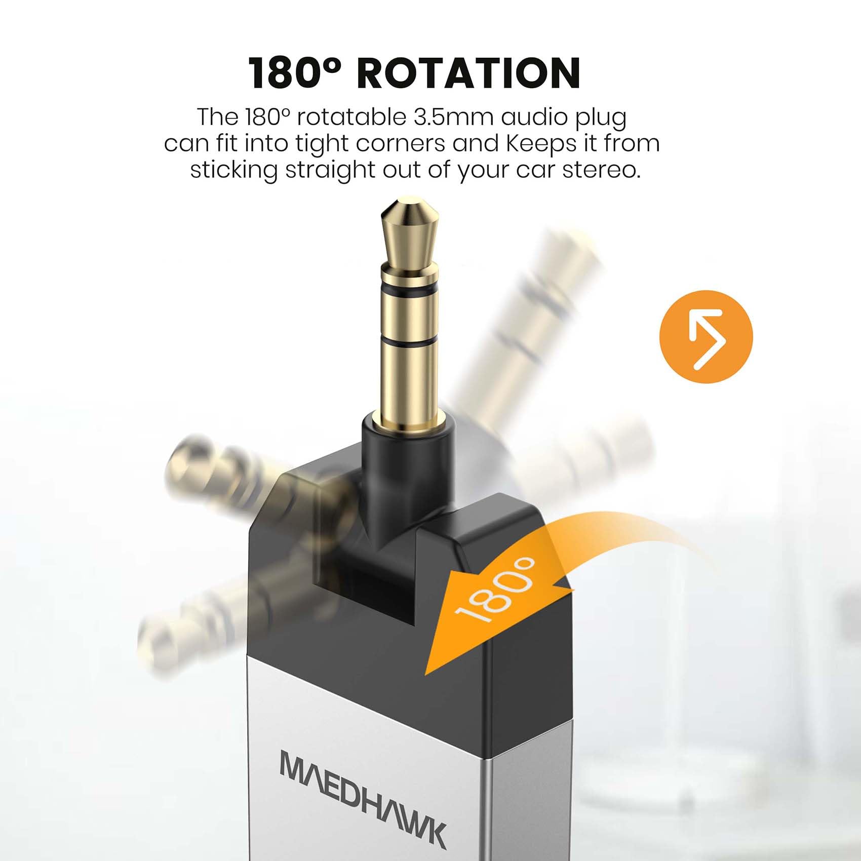 MaedHawk Aux Bluetooth Adapter Auto, Bluetooth 5.2 Empfänger Klinke Drehbarer 3.5 mm Anschluss für Auto Heim Stereo Musikstreaming (Lautstärke einstellbar, Freisprechen, A2DP)