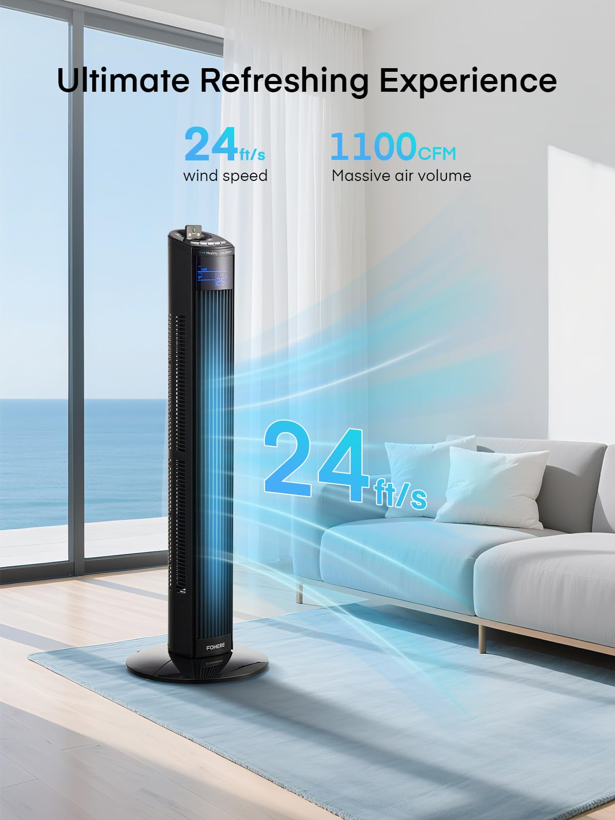 FOHERE Leiser Turmventilator, 91CM Oszillierender Stand Ventilator mit Kühlung Fernbedienung, 12-Stunden-Timer und Schlafmodus, Tragbarer Ventilator ohne Flügel für Schlafzimmer, Schwarz
