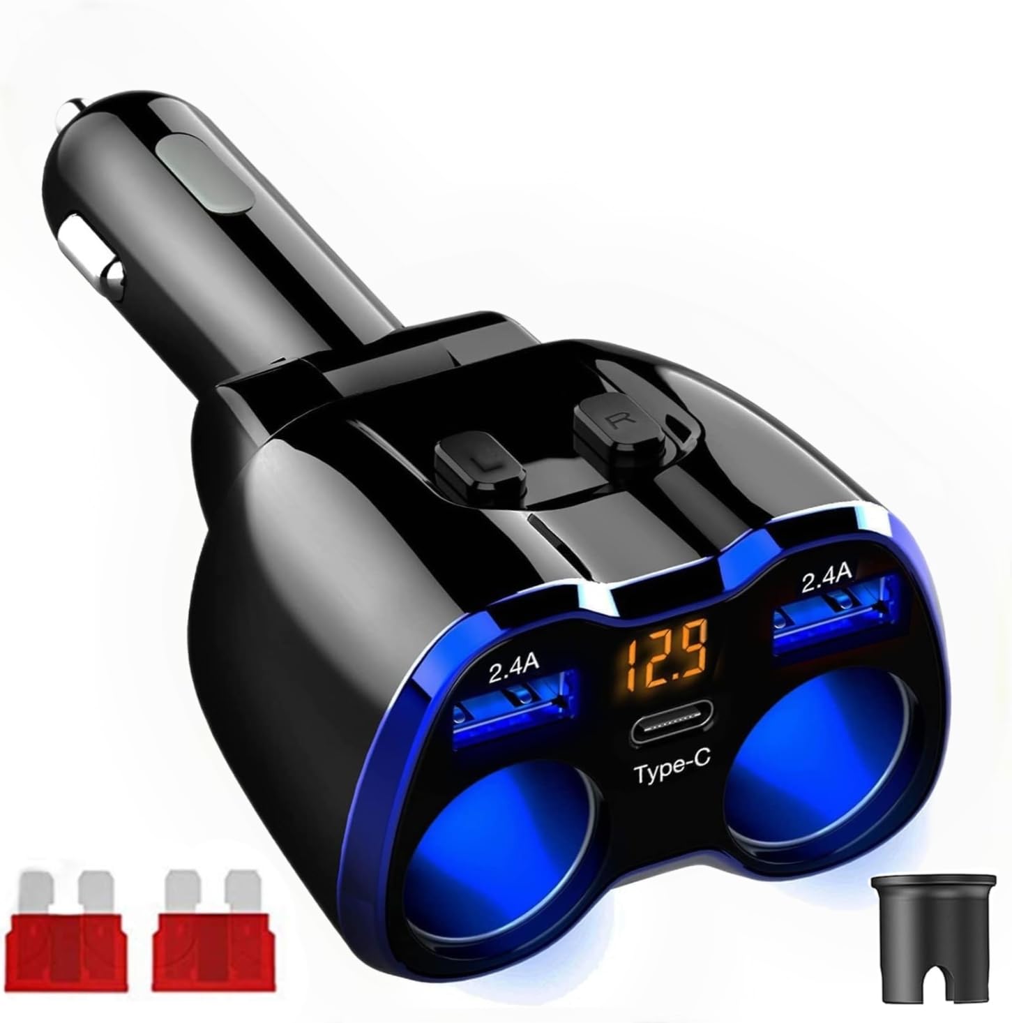 USB C Auto Ladegerät Zigarettenanzünder Verteiler Adapter Splitter Typ C KFZ Ladegerät 2 Fach Steckdose 12V/24V DC 120W mit LED Voltmeter Schalter Dual USB Port
