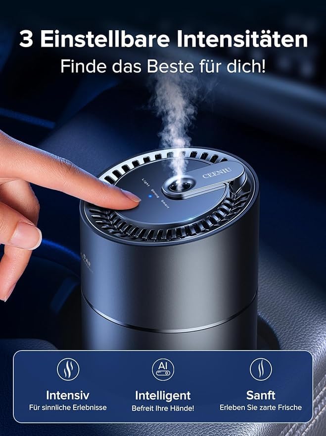 Ceeniu Auto Lufterfrischer, Ultraschall-Zerstäuber, Einstellbare Konzentration, Auto EIN-/Ausschalten, Eingebauter Akku, 45ml Natürlicher Auto Parfüm, Hält 4 Monate, F26 Auto Duft, Samtige Vanille