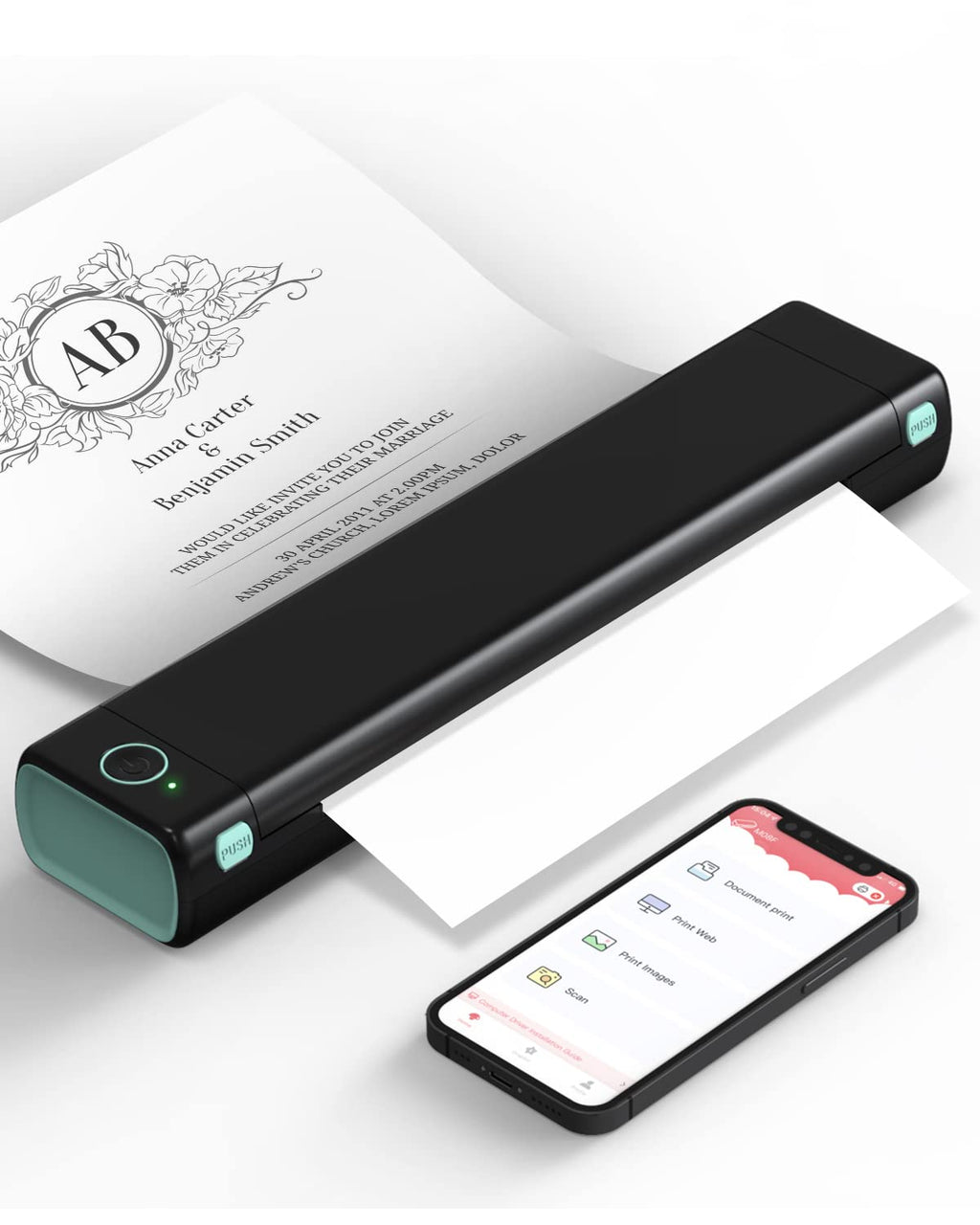 Phomemo M08F Thermodrucker A4 Mobiler Bluetooth Drucker, Tragbarer Wireless Printer für Unterwegs Kompatibel Android iOS, Thermopapier Drucker, Schwarz Grün
