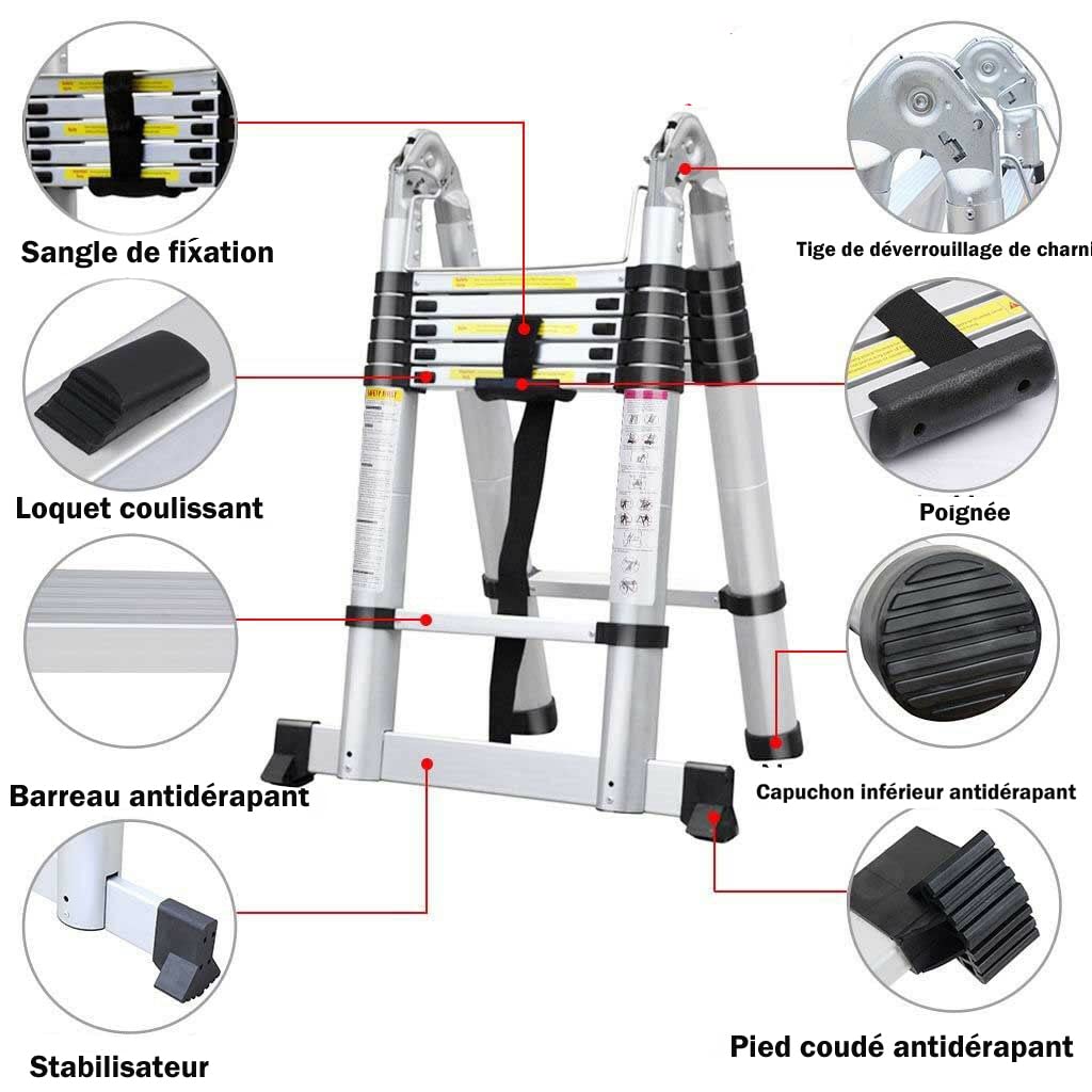 Klappbare Trittleiter, Teleskopleiter, Klappleiter, Klappleiter, aus Metall, max. Belastung 150 kg (3,8 m (1,9 m + 1,9 m)