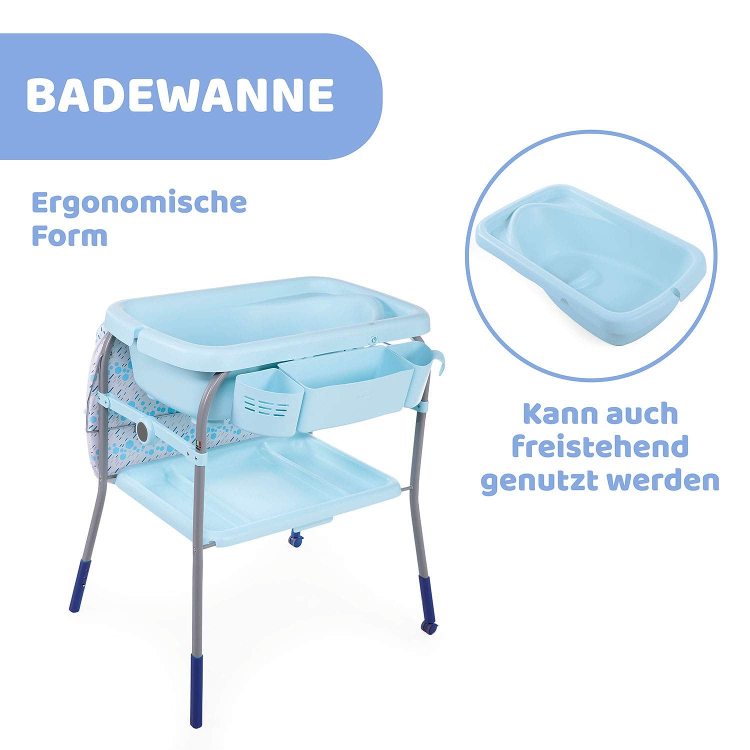 Chicco Cuddle & Bubble Badewanne Wickeltisch Neugeborenen Ergonomisch mit Matratze und Weichem Reduzierer, Höhenverstellbar, Kompakte Verschluss, Eltern Organizer 2 Räder, Max 11kg, Ocean