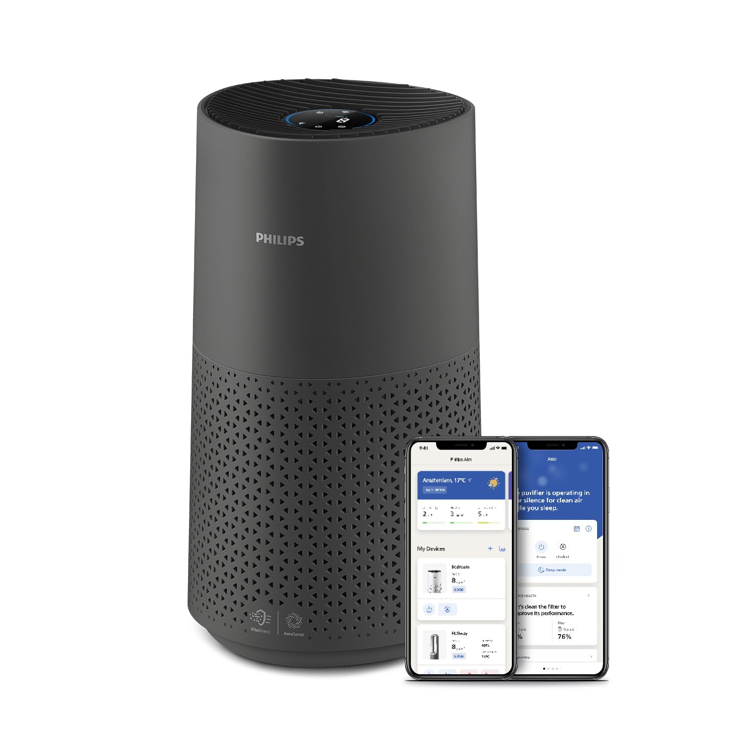 Philips Luftreiniger der Serie 1000i, Entfernt Keime, Staub und Allergene in Räumen bis zu 78 m², Schlafmodus, Grau und Schwarz (AC1715/11)
