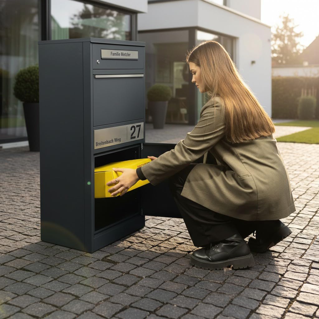 Metzler Paketbox, Briefkasten mit großem Paketfach in Anthrazit, personalisierte Paketbox für draußen, Standbriefkasten mit Paketfach, Paketkasten, Postbox mit Gravur, rostfrei und massiv - Bispo 2