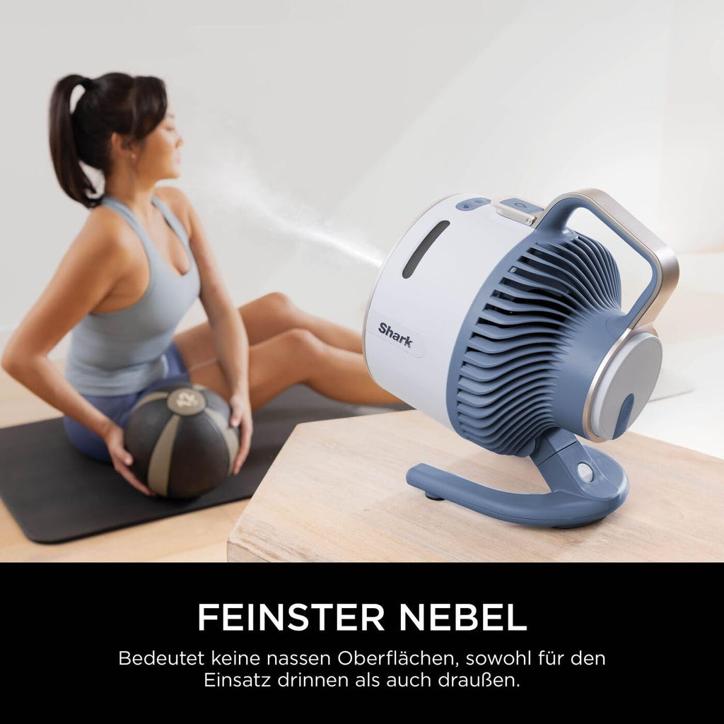 Shark FlexBreeze HydroGo Starker Ventilator mit Sprühnebel, Kühlung für drinnen & draußen, leise & langlebig, kabelgebunden & kabellos, kompakt & leicht,5 Geschwindigkeiten, Gletscher FA050EUBL