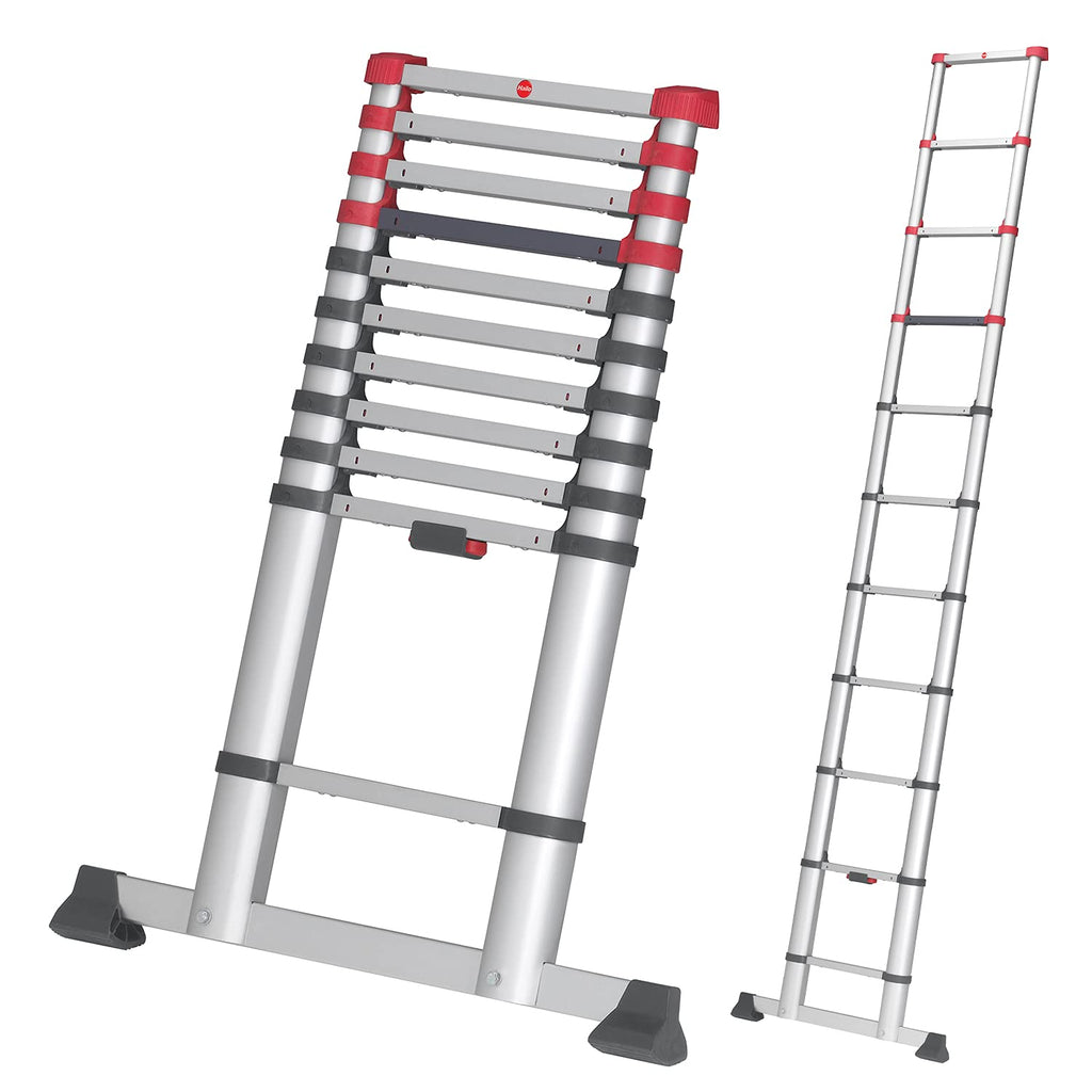 Hailo T80 FlexLine Alu Sicherheits-Teleskopleiter - ausziehbare Anlegeleiter mit 11 Sprossen - Arbeitshöhe bis 397 cm - Gewicht 10,7 kg - Silber