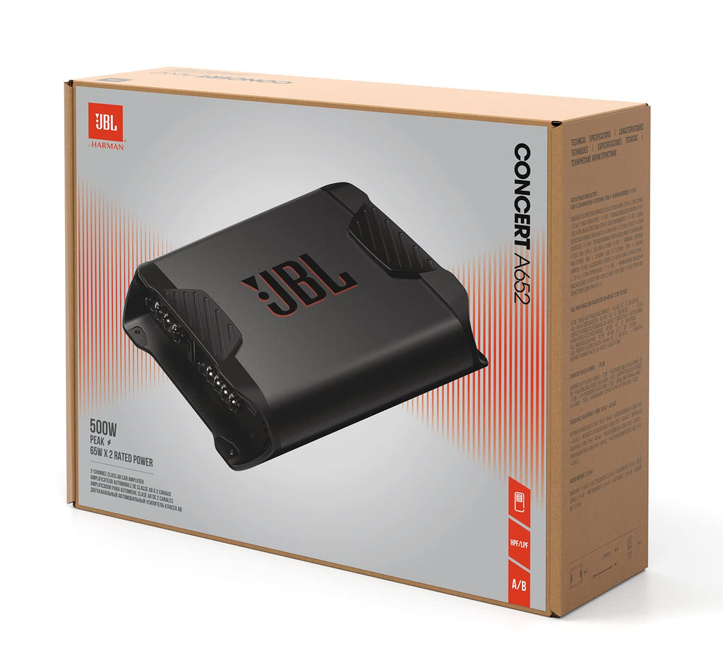 JBL Concert A652 2-Kanal Class-AB Auto-Verstärker, 2×65 W RMS @ 4 Ω, 2×85 W RMS @ 2 Ω, 1×170 W RMS gebrückt @ 4 Ω, 460 W Peak, 20 Hz–20 kHz, Bass Boost, HPF/LPF, High/Low Inputs
