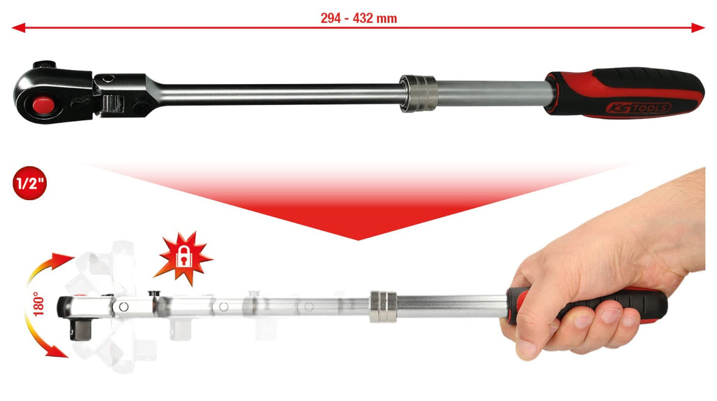 KS Tools 914.1220 1/2" SlimPOWER Teleskop-Gelenk-Umschaltknarre, 72 Zahn