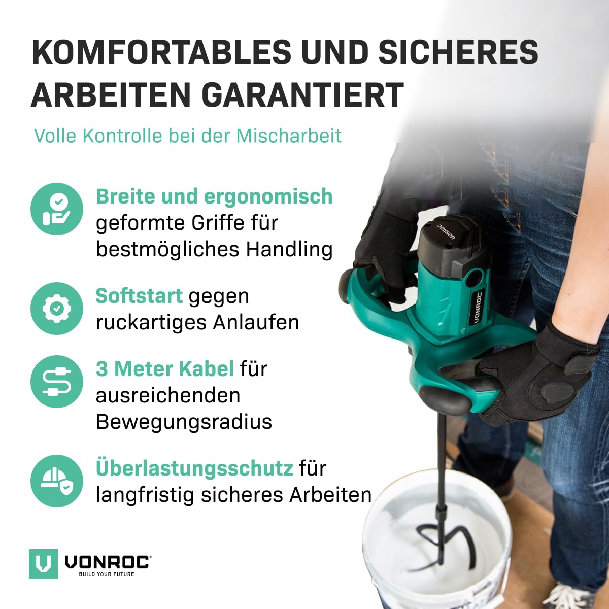 VONROC Mörtelrührer inkl. Rührwerk [1800W] - Betonmischer Quirl [mit Sanftanlauf] für Beton, Zement, Farbe, Mörtel - 2 Geschwindigkeitsmodi