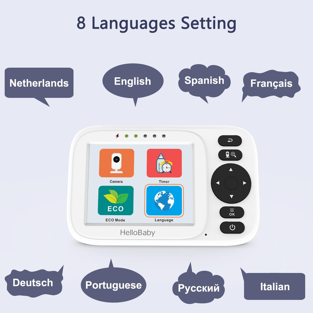 HelloBaby Babyphone mit Kamera, Video Babyphone ohne WLAN, 3,2 Zoll IPS Bildschirm,Nachtsicht, Winkel Manuell Einstellen, Reichweite 305m, ECO/VOX Audiomodus, Fütterungserinnerung,USB Ladegerät,HB2438