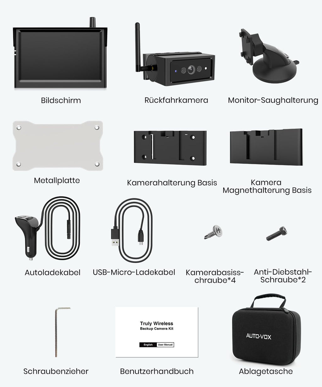 AUTO-VOX Magnetische Kabellos Rückfahrkamera, Weitwinkel Einparkhilfe mit 5" Monitor, 1080P IR Nachtsicht IP69K wasserdichte Rückfahrkameras für Wohnmobil Wohnwagen Anhänger(S4B)