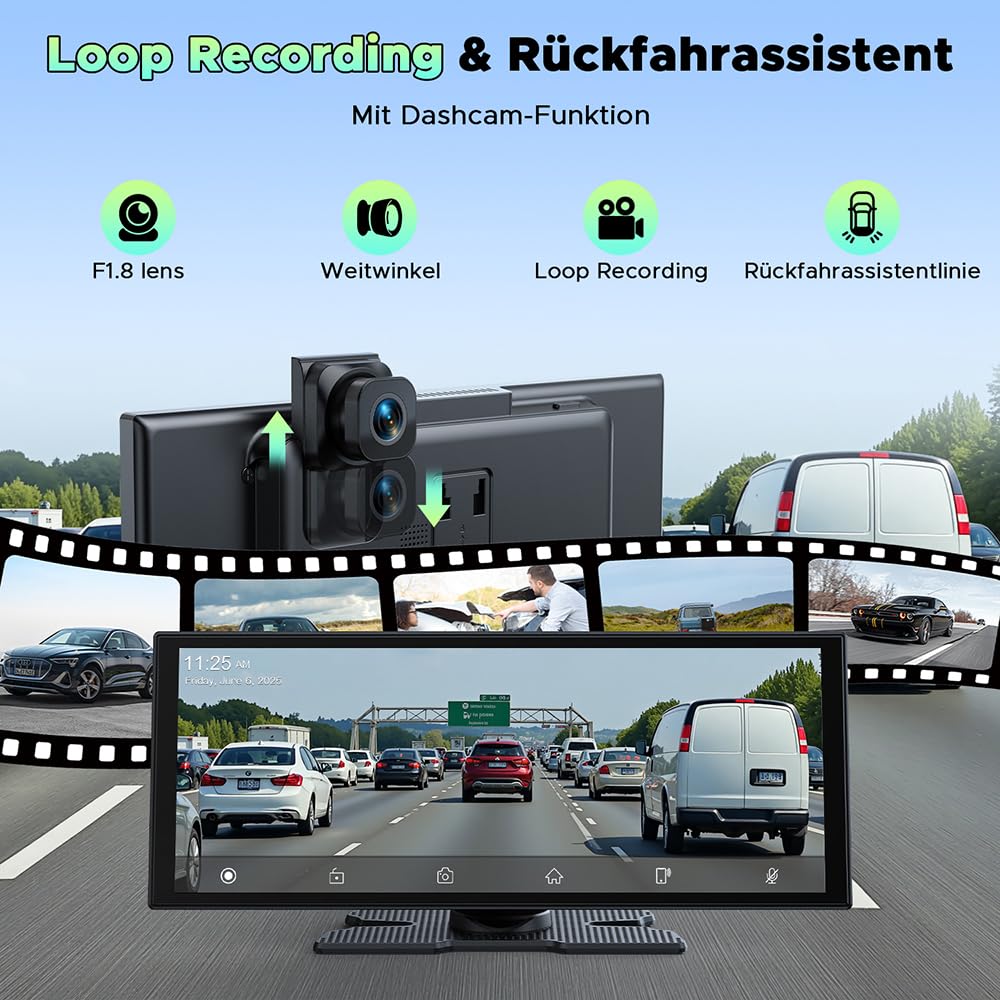 LAMTTO Wireless CarPlay Android Auto Display 10,25 Zoll In-Cell Touchscreen Car Play mit Dashcam 2.5K+1080P Sprachsteuerung Karten Navigation Bluetooth FM AUX Loop Aufnahme 64GB TF Karte