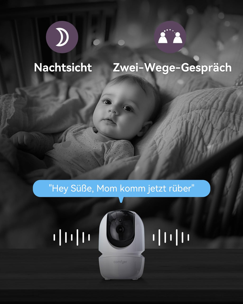 Comfyer Split-Screen Babyphone mit 2 Kameras, 7" HD 720P Video Babyphone ohne WLAN mit Halterung, IR-Nachtsicht Vox-Modus 2-Wege-Audio 6000mAh 300M Reichweite Videoüberwachungsgeräte