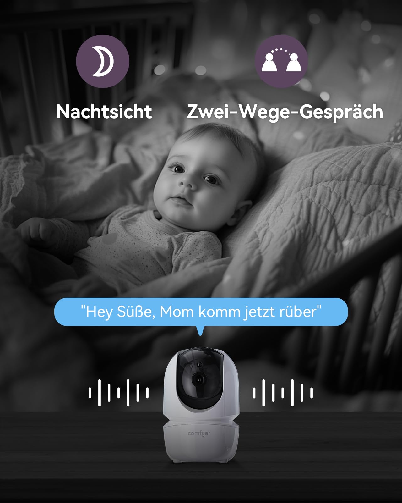 Comfyer Split-Screen Babyphone mit 2 Kameras, 7" HD 720P Video Babyphone ohne WLAN mit Halterung, IR-Nachtsicht Vox-Modus 2-Wege-Audio 6000mAh 300M Reichweite Videoüberwachungsgeräte