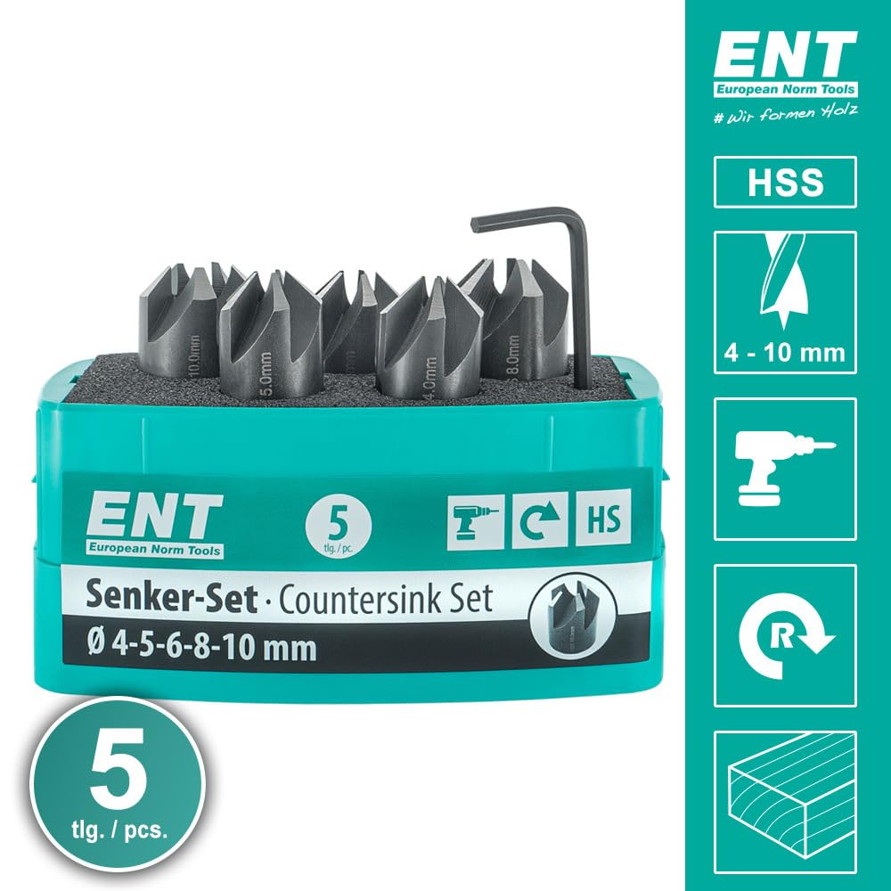 ENT 26516 5-tlg Aufsteckversenker-Set HSS, Durchmesser (d) 4, 5, 6, 8 und 10 mm, e 90°, Rechts