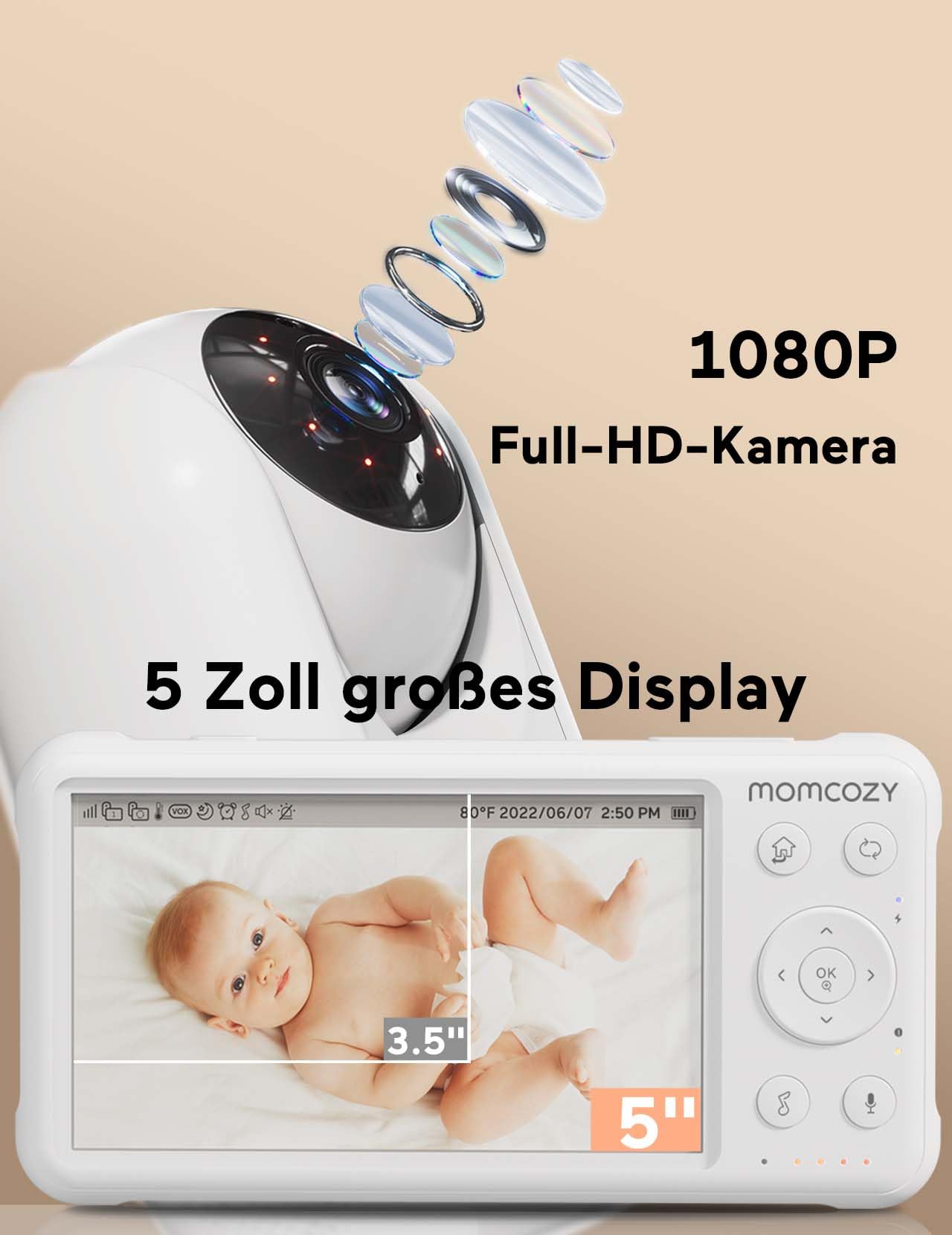 momcozy Babyphone mit 2 Kameras 5 Zoll 1080P Split-Screen-Video-Babyphone mit integriertem Weitwinkelobjektiv, mit Kamera und Audio Kein WLAN, 5000-mAh-Akku Infrarot-Nachtsicht 960 Fuß Reichweite