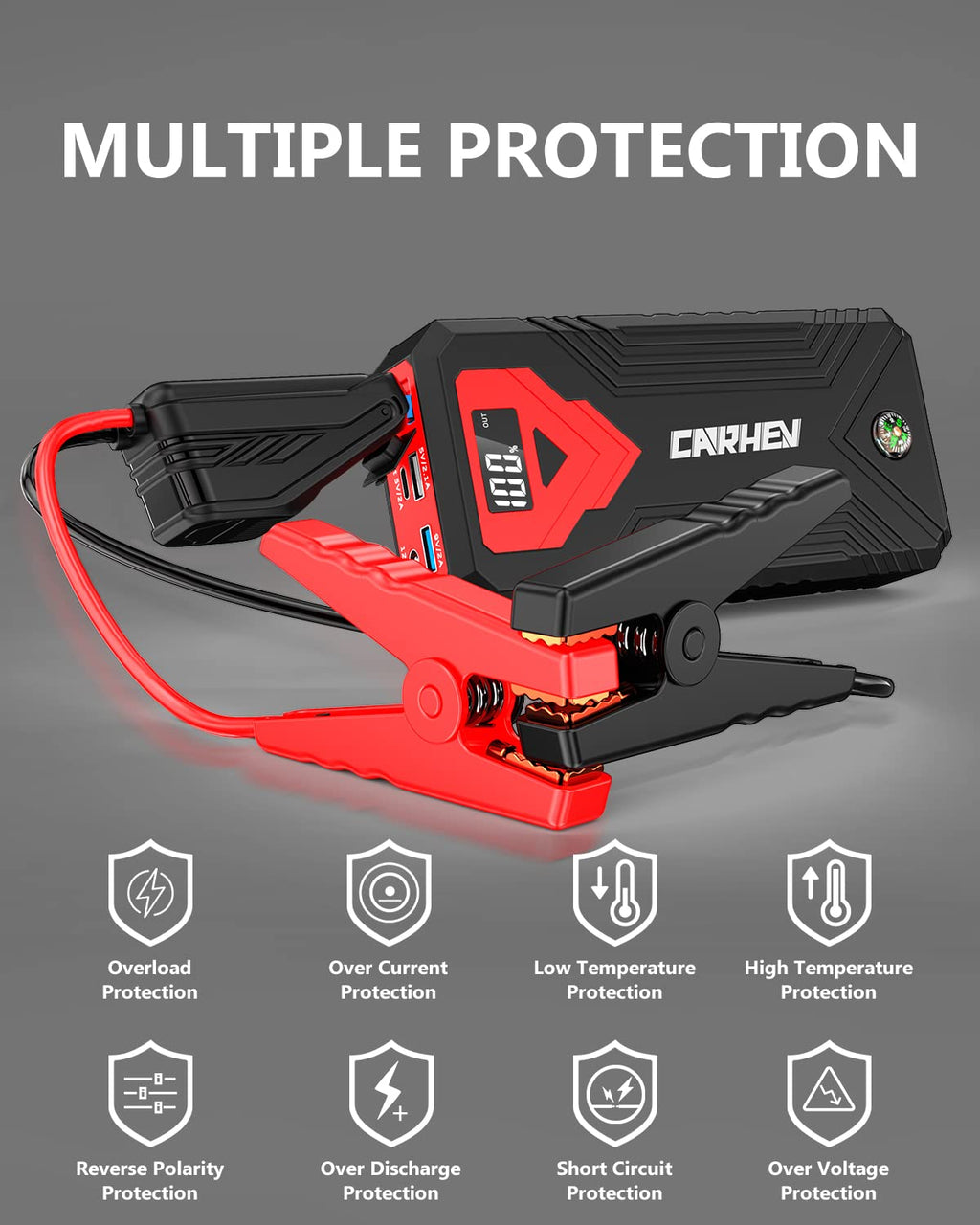CARHEV Starthilfe Powerbank für pkw, 4000A Auto Starthilfe Powerbank (Bis Zu 8,0L Benzin Oder 8,0L Diesel), 12V Jump Starter Powerbank mit USB Schnellladung und LED Taschenlampe