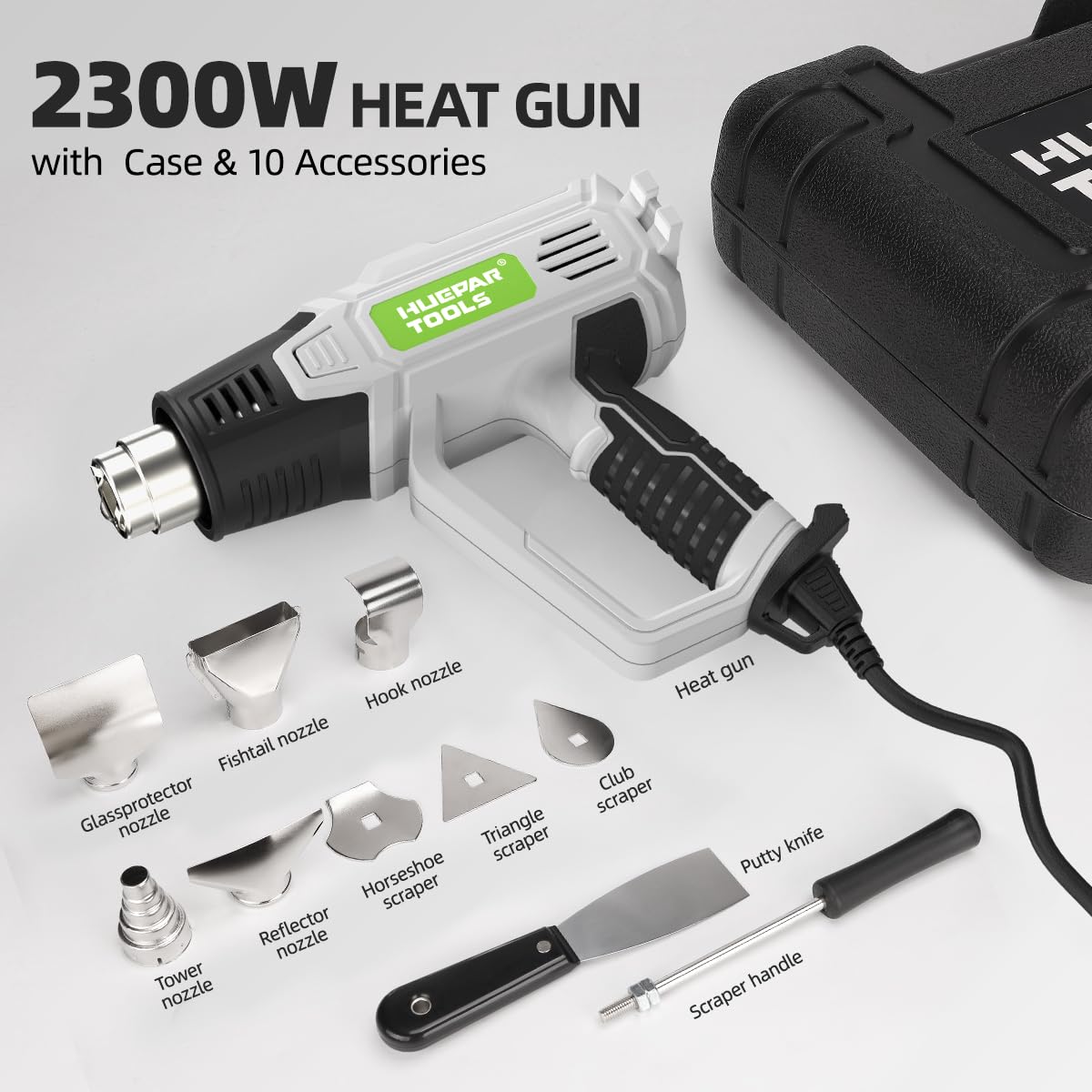 Huepar Tools Professional Heißluftpistole 2300 W mit LCD-Digitalanzeige, in Koffer, Temperaturbereich 50-660 °C, 10 Zubehör, Überlastschut