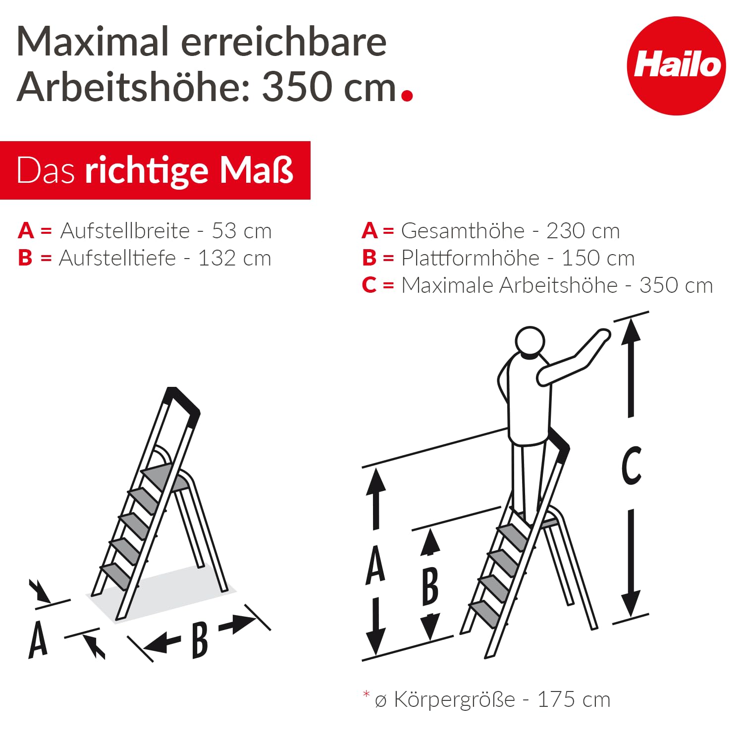 Hailo L100 Topline Alu-Sicherheits-Stehleiter - 7 XXL-Stufen bis 150 kg - Stehleiter mit ausziehbarem Haltebügel, Plattformverriegelung - viel Zubehör - klappbare Aluleiter Made in Germany - schwarz