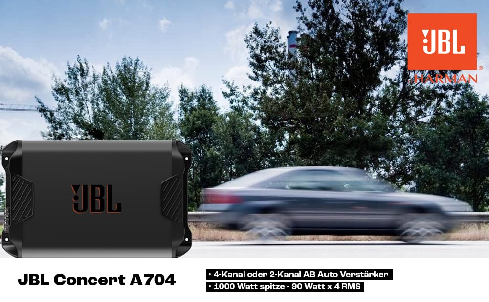 JBL Concert A704 4-Kanal Auto Verstärker 90W RMS×4 an 2Ω, 70W RMS×4 an 4Ω und 180W RMS×2 gebrückt, 1000W Peak, variablen 32–320Hz Filtern, High/Low Level Eingängen und kompakter Bauform für Fahrzeuge