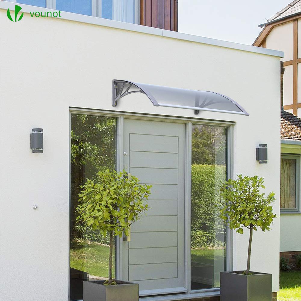 VOUNOT Vordach für Haustür 120 x 80 cm, Überdachung Haustür aus Aluminium und Polycarbonat, Transparentes Pultbogenvordach, Pultvordach, Grau