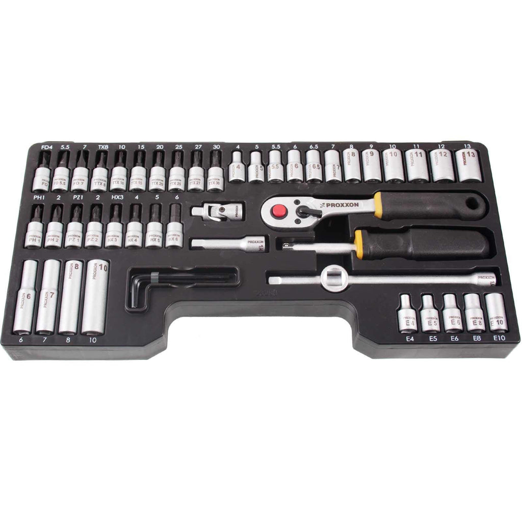 PROXXON Steckschlüsselsatz, Feinmechaniker-Satz mit 1/4"-Umschaltratsche sowie Schraubendrehergriff, 50-teiliges Werkzeug-Set mit Kunststoffkoffer, 23280