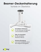 Goobay BeamerFlex Projektor-Deckenhalterung – für kleine bis mittlere Größen (bis zu 10 kg) – beweglich um 15° neigbar und 360° schwenkbar – Höhenverstellung – einfache Installation – Weiß 51896