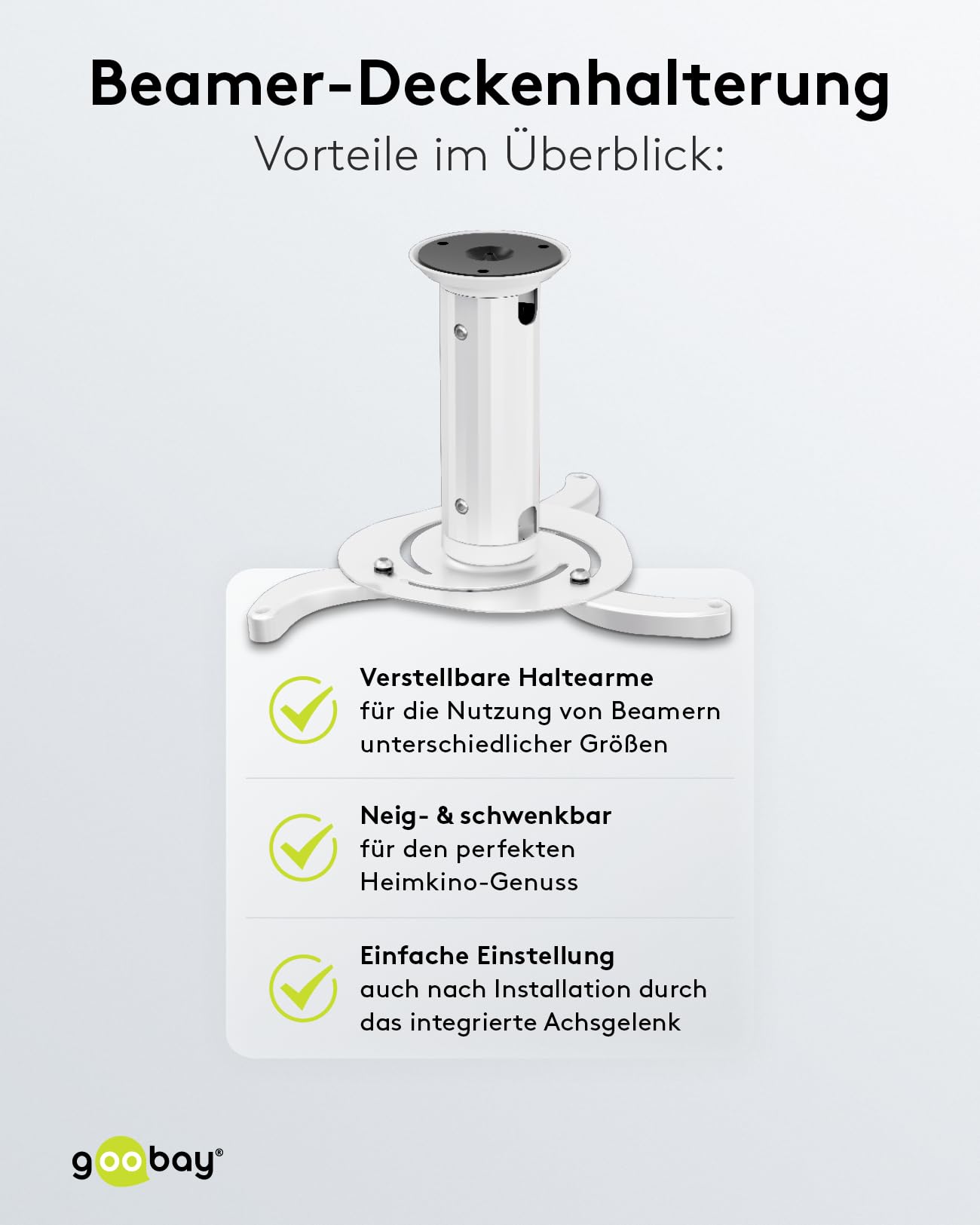 Goobay BeamerFlex Projektor-Deckenhalterung – für kleine bis mittlere Größen (bis zu 10 kg) – beweglich um 15° neigbar und 360° schwenkbar – Höhenverstellung – einfache Installation – Weiß 51896