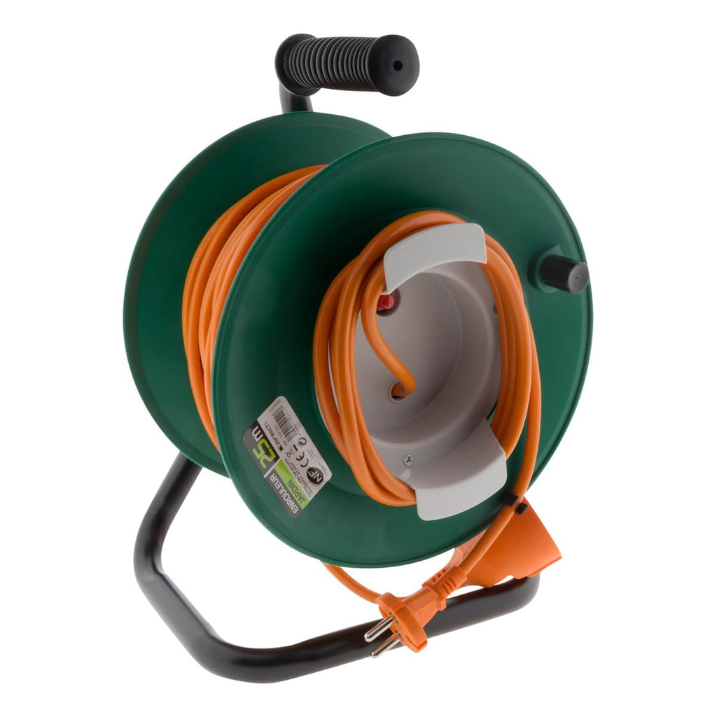 Zenitech – Kabeltrommel ohne Steckdose – 2×1,5mm² – 25 m – Metallfuß mit Überlastschutz – Grün/Orange
