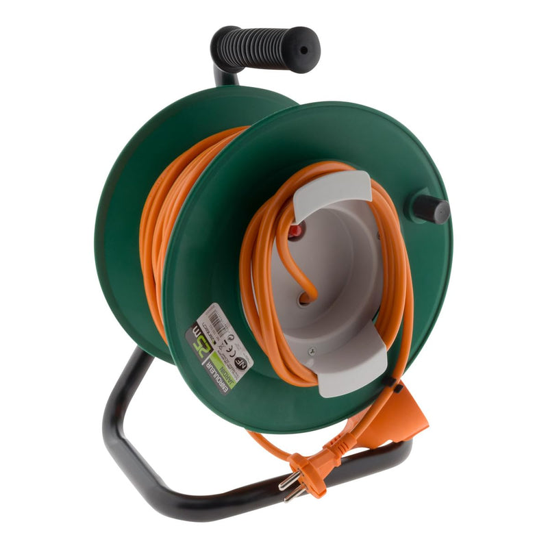 Zenitech – Kabeltrommel ohne Steckdose – 2×1,5mm² – 25 m – Metallfuß mit Überlastschutz – Grün/Orange