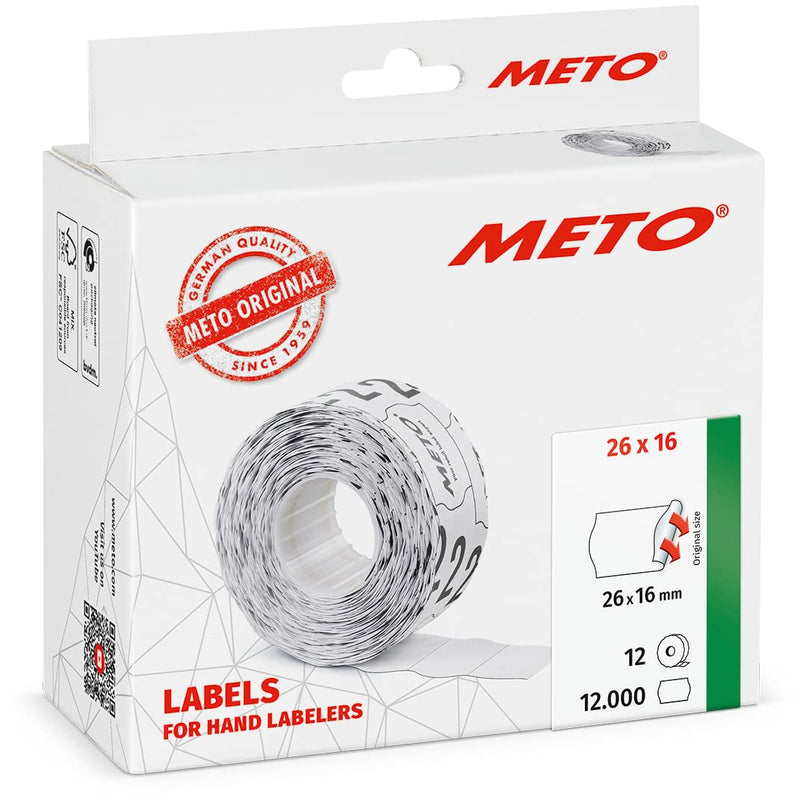 Meto Etiketten für Handauszeichner (26 x 16 mm, 2-zeilig, 12.000 Stück, weiß, permanent haftend, für METO, Contact, Sato, Avery, Tovel, Samark etc.)