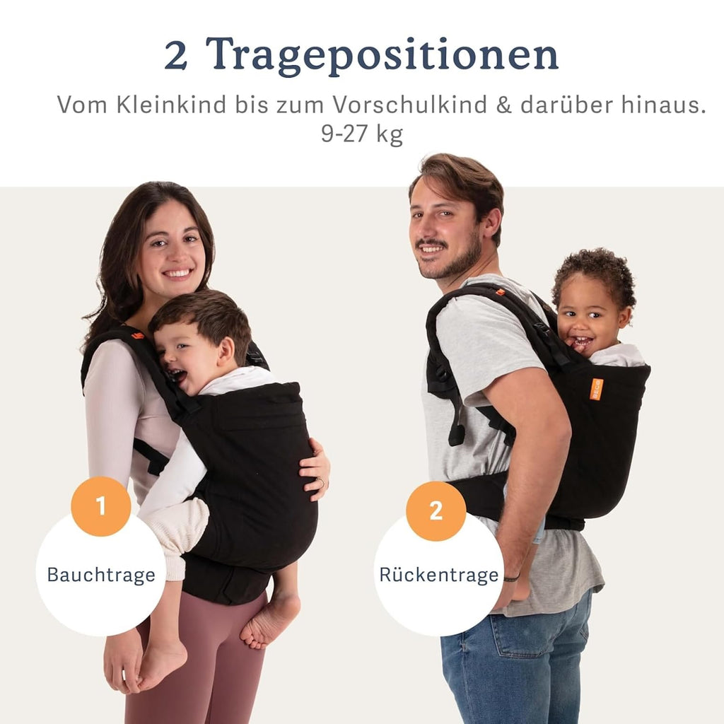 Beco Toddler Babytrage & Kindertrage (9-27 kg) - 100% Baumwoll Trage Kleinkind, Leicht & Atmungsaktiv, Hüftfreundlich mit 2 Tragepositionen: Bauchtrage & Rückentrage (Schwarz)
