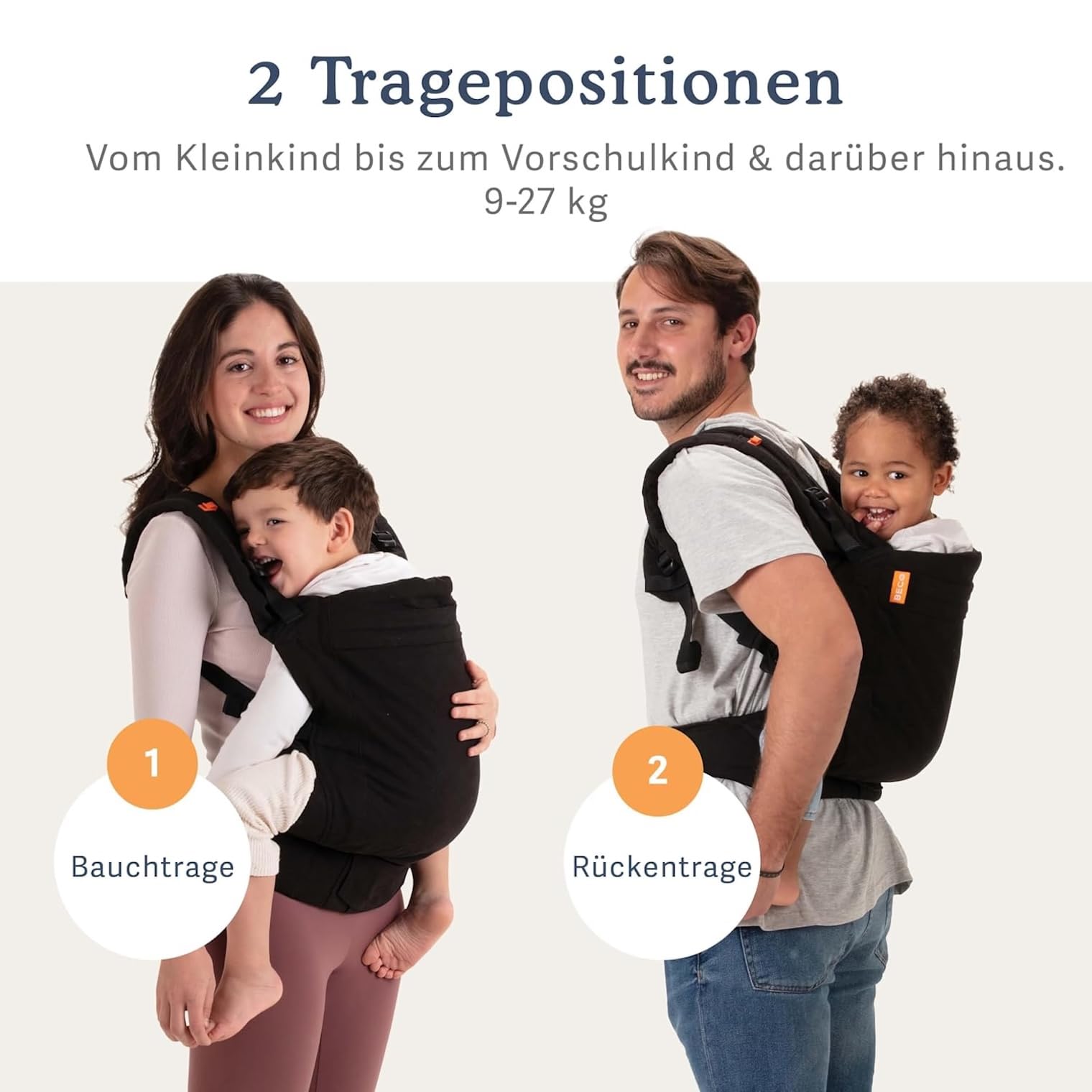 Beco Toddler Babytrage & Kindertrage (9-27 kg) - 100% Baumwoll Trage Kleinkind, Leicht & Atmungsaktiv, Hüftfreundlich mit 2 Tragepositionen: Bauchtrage & Rückentrage (Schwarz)