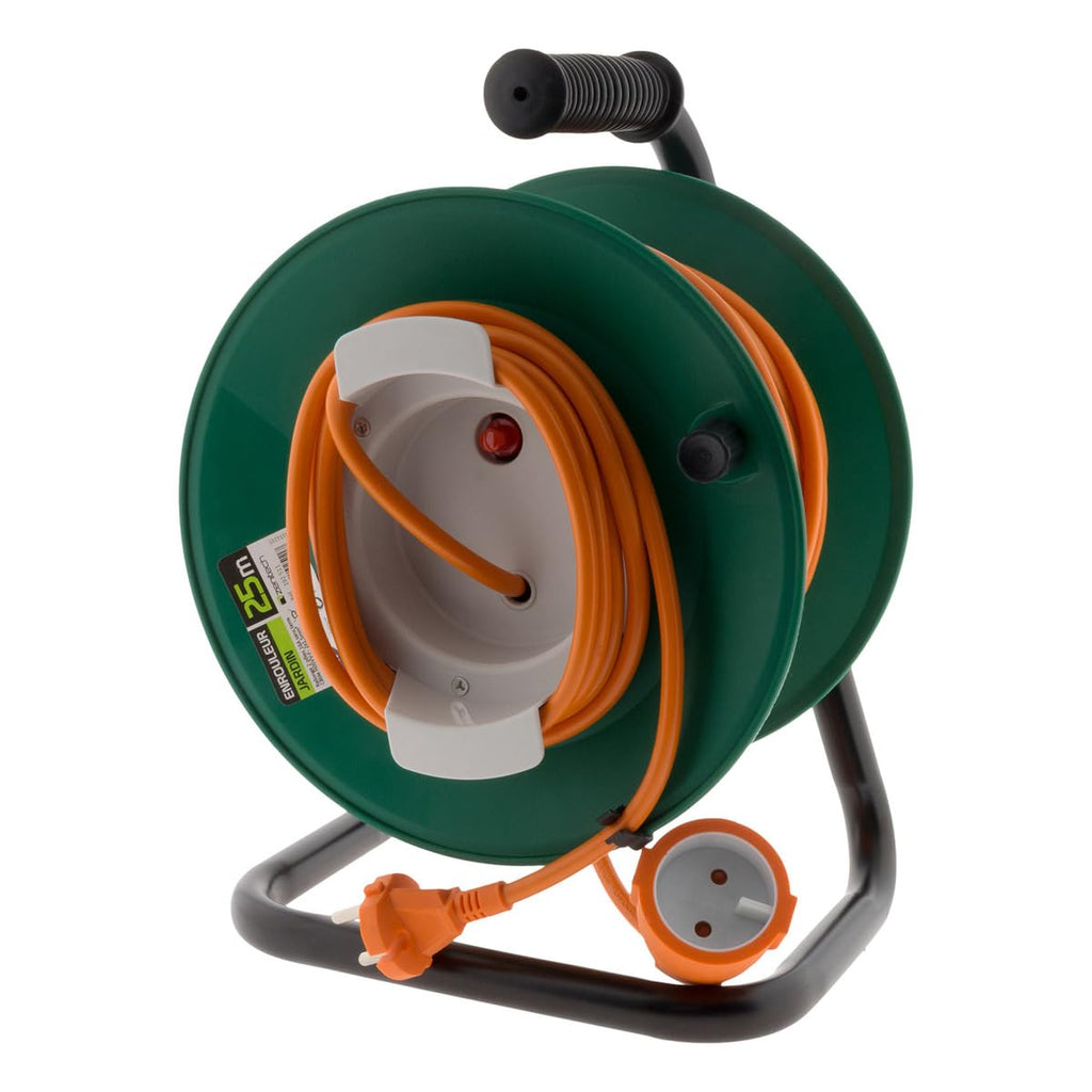 Zenitech – Kabeltrommel ohne Steckdose – 2×1,5mm² – 25 m – Metallfuß mit Überlastschutz – Grün/Orange