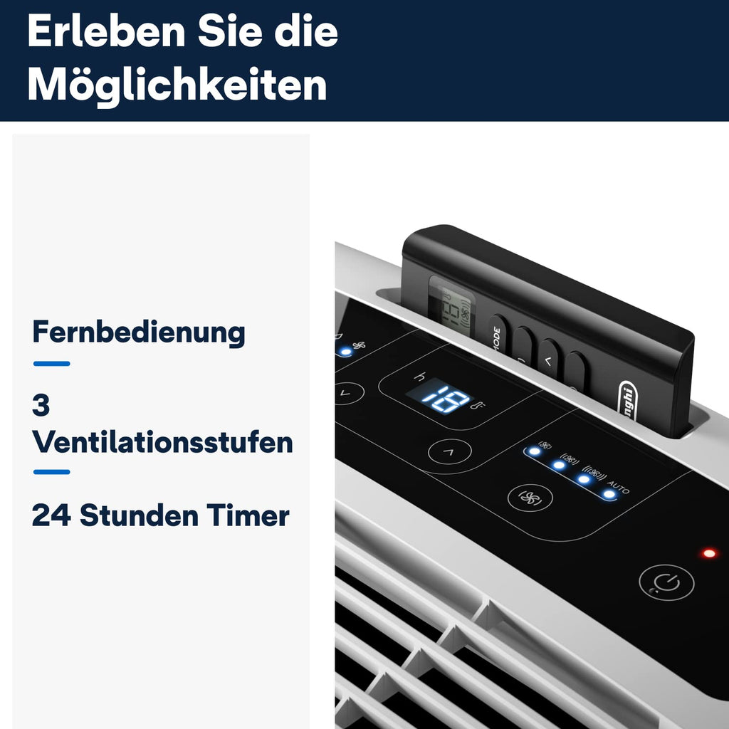De'Longhi Pinguino PAC EM82, Mobile Klimaanlage für Räume bis zu 80 m³, 9.400 BTU, 2,4 kW, 63 dB, Entfeuchtungsfunktion, Energieklasse A, 24h-Timer, Weiß
