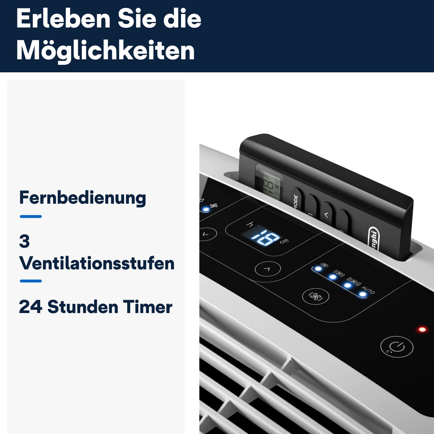 De'Longhi Pinguino PAC EM82, Mobile Klimaanlage für Räume bis zu 80 m³, 9.400 BTU, 2,4 kW, 63 dB, Entfeuchtungsfunktion, Energieklasse A, 24h-Timer, Weiß