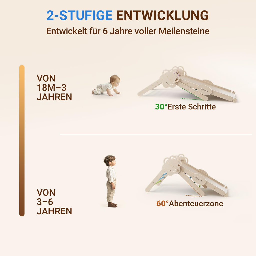 COSYLAND Klettergerüst Indoor L – Großes Kletterdreieck Set mit Kletterbogen & Rutsche – 8-in-1 Massivholz-Spielplatz für Kinder ab 18 Monaten – Kaltfarben