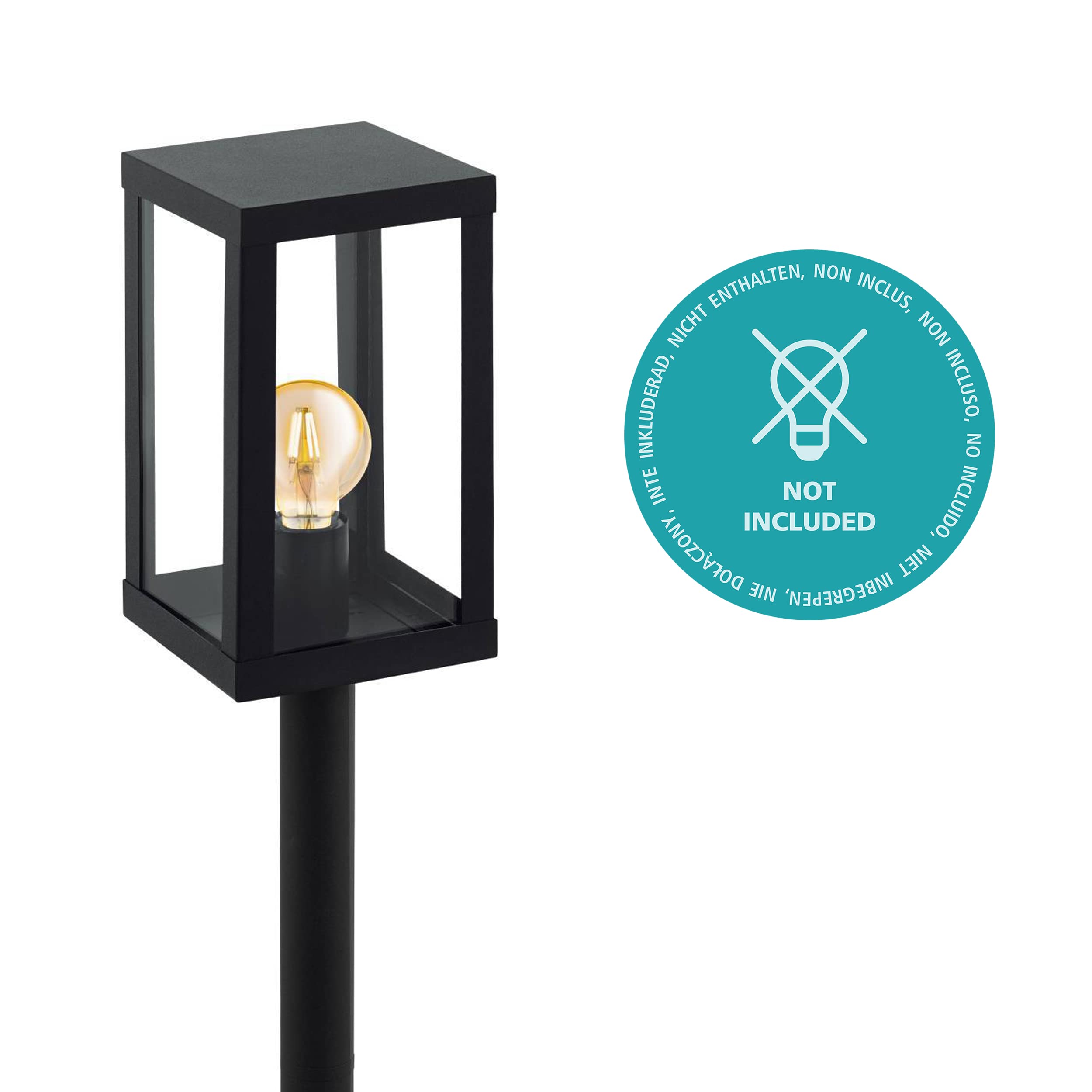 EGLO Außen-Stehlampe Alamonte 1, 1 flammige Außenleuchte, Stehleuchte aus Stahl verzinkt in Schwarz und Glas in Transparent, E27 Fassung, IP44