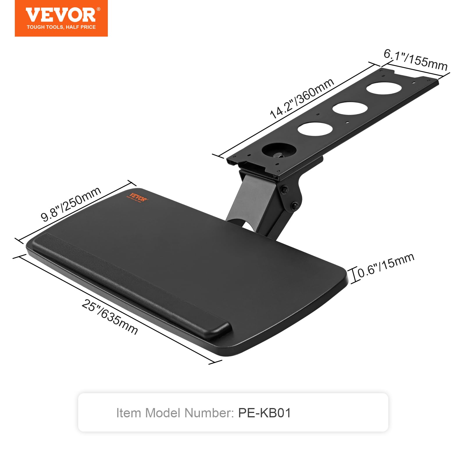 VEVOR Tastaturablage unter dem Schreibtisch, Große 250 x 635 mm, Höhenverstellbar 0-220 mm, Tastaturablage für Büro und zu Hause