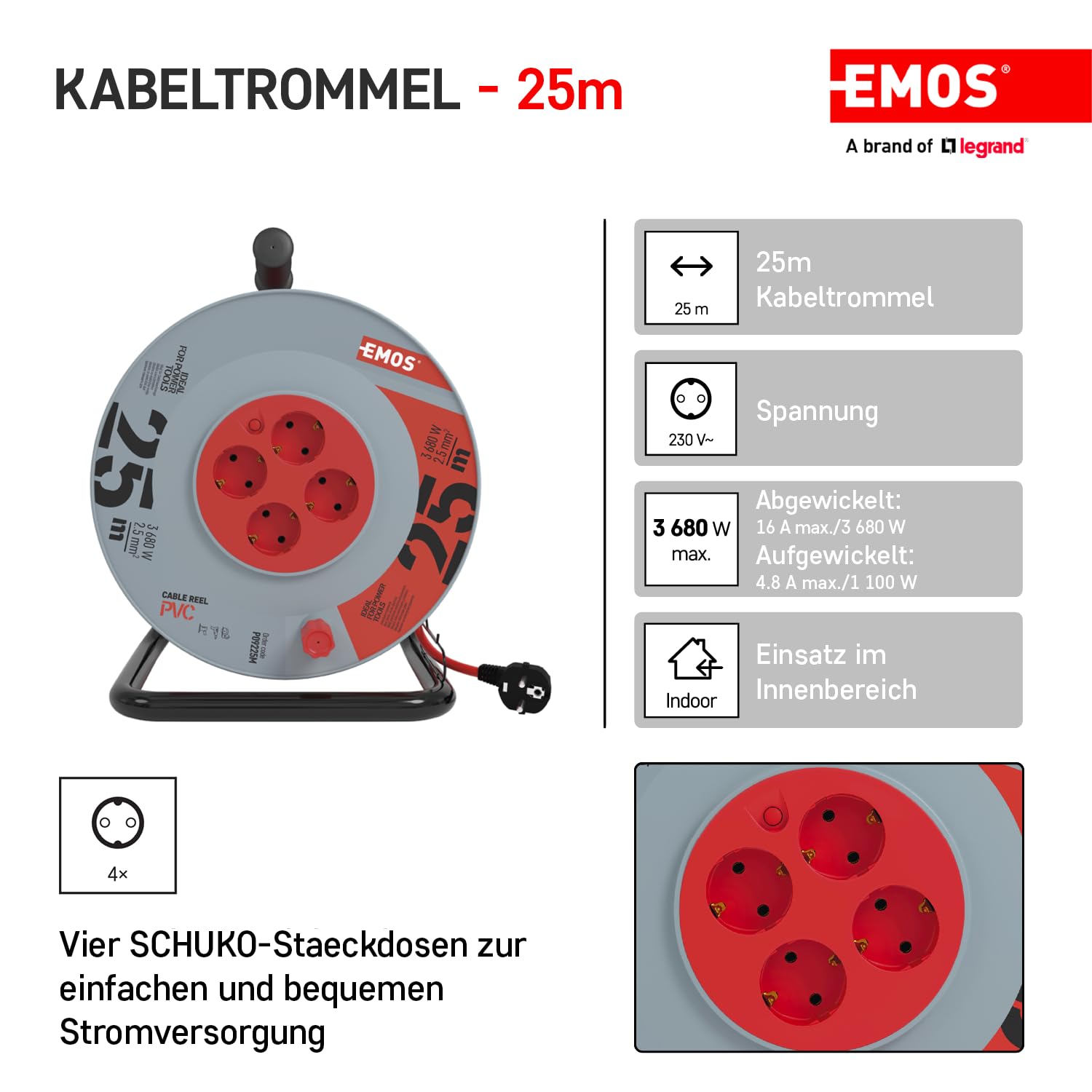 EMOS - Kabeltrommel 25m mit verstärktem Verlängerungskabel - 4 Schuko-Steckdosen - 230 V, 16 A, 3680 W - PVC-Isolierung - H05VV-F3G 2,5 mm2 - Überhitzungsschutz - IP20 für Innen
