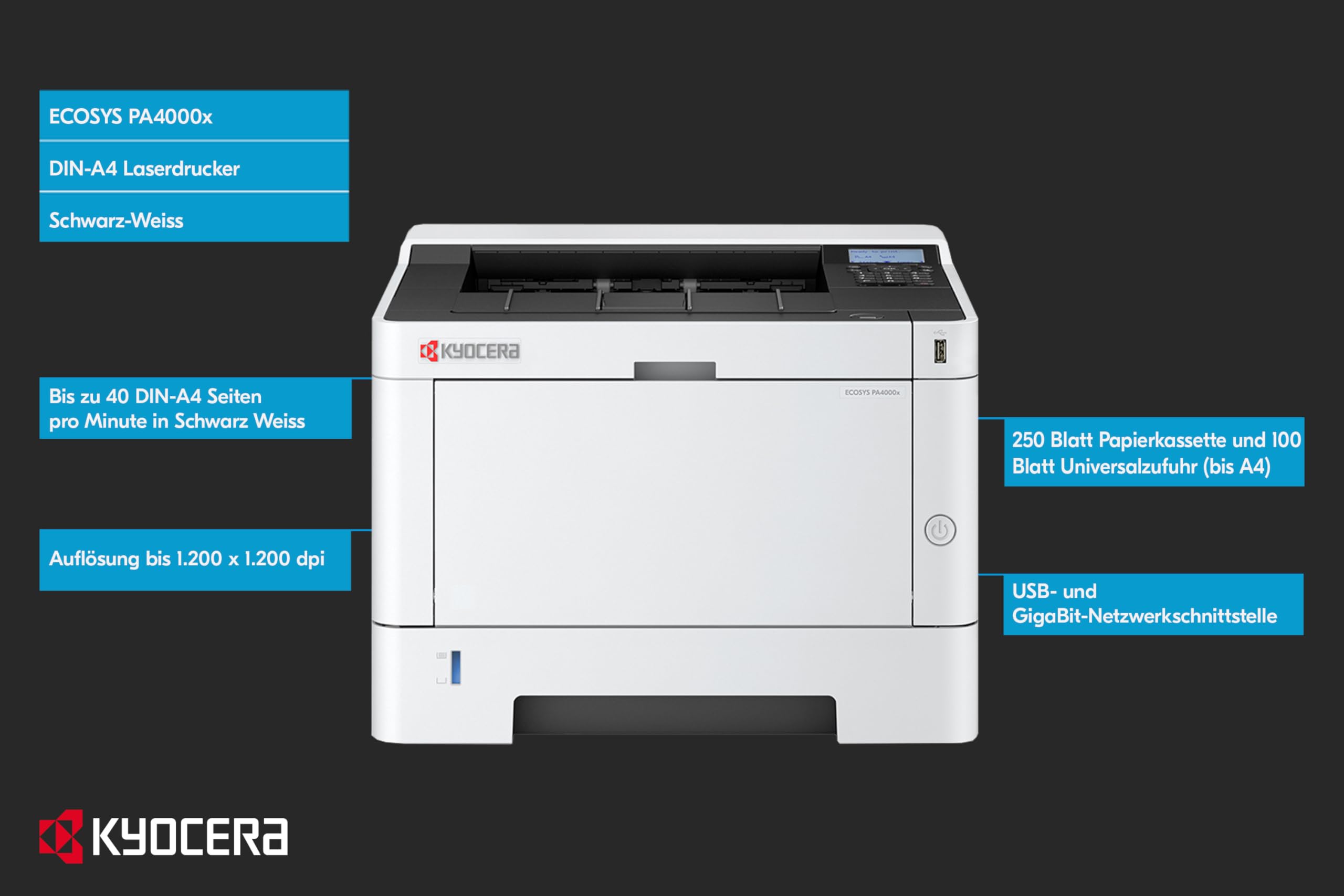 Kyocera Ecosys PA4000x Laserdrucker Schwarz Weiss, Laser Drucker mit Duplex, Drucker klein 40 Seiten pro Minute. Laserdrucker Inkl. Mobile Print Funktion