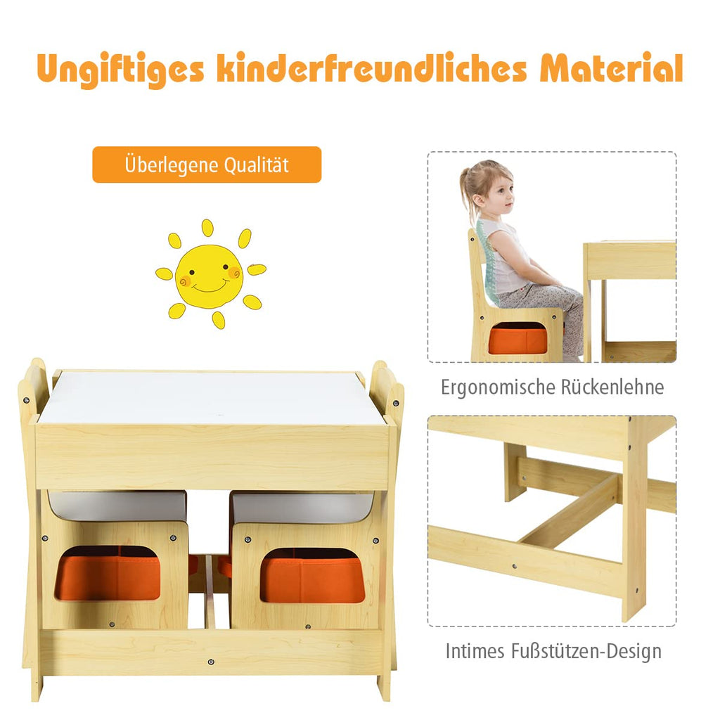 COSTWAY 3 TLG. Kindersitzgruppe, Kindertisch mit 2 Stühlen aus Holz, 3 in 1 Maltisch & Aktivitätstisch & Tafeltisch, Kindermöbel Kindersitzgarnitur für Kleinkinder von 3-7 Jahren (Natur)