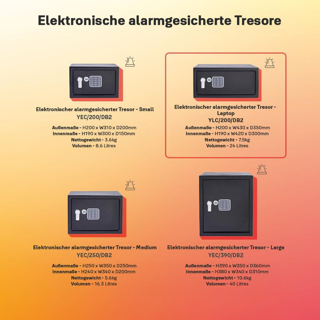 Yale Elektronischer Tresor mit Alarm YLC/200/DB2, 24 L, Schwarz – 3–6-stelliger PIN-Code, Mastercode, Doppelbolzenverriegelung, inkl. 2 Schlüssel, ideal für Laptop, Hotel & Zuhause