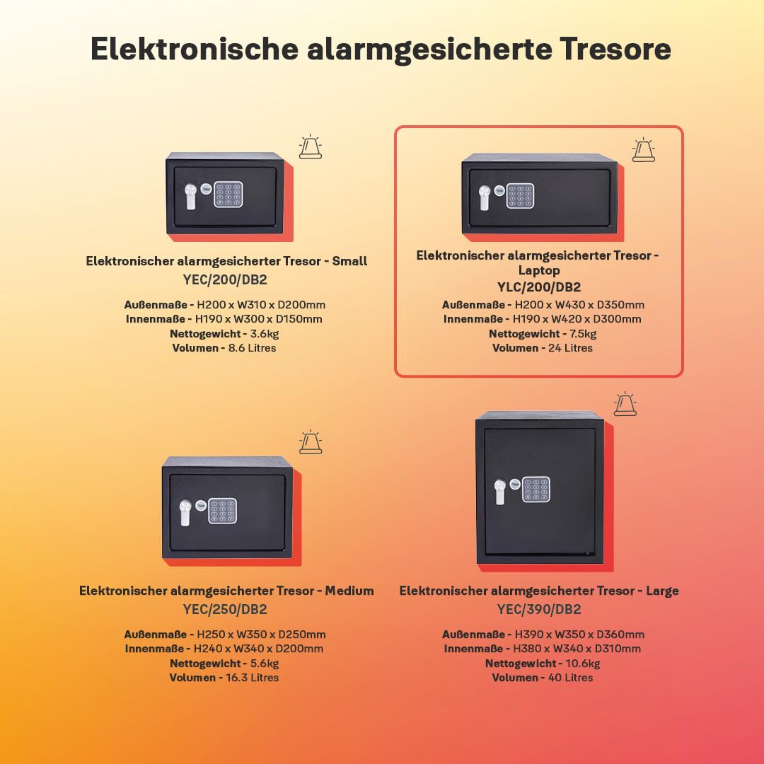 Yale Elektronischer Tresor mit Alarm YLC/200/DB2, 24 L, Schwarz – 3–6-stelliger PIN-Code, Mastercode, Doppelbolzenverriegelung, inkl. 2 Schlüssel, ideal für Laptop, Hotel & Zuhause