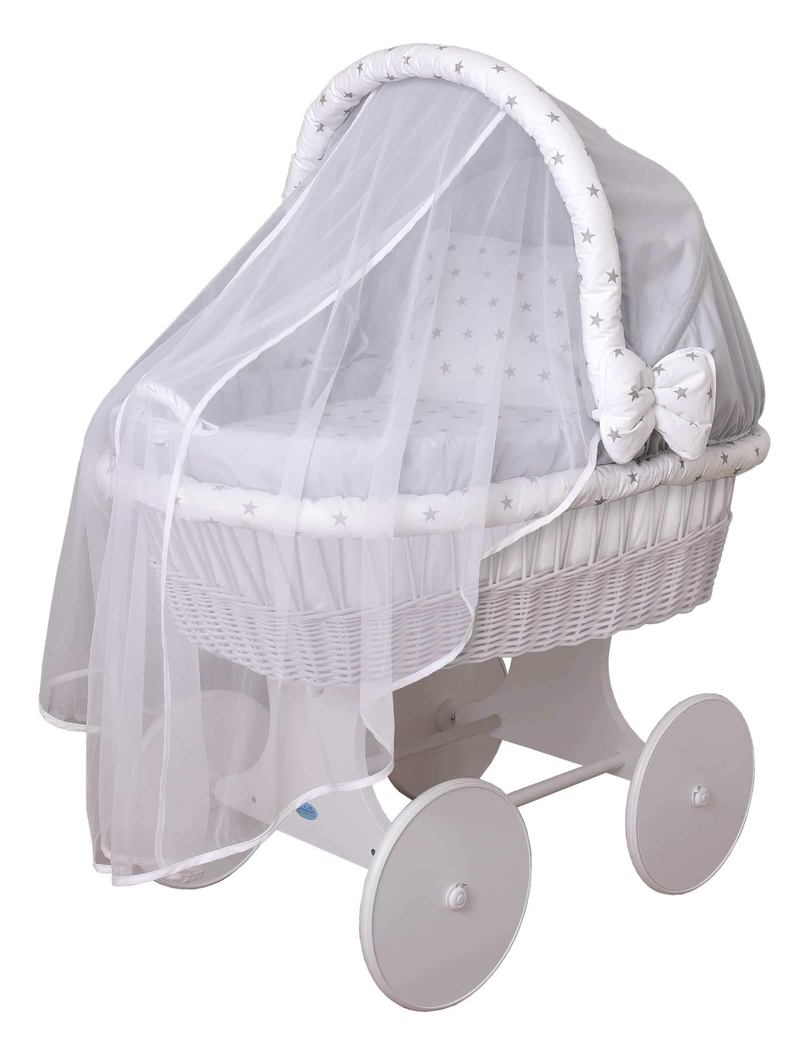 Waldin Baby Stubenwagen-Set mit Ausstattung, XXL, Bollerwagen, komplett, 24 Modelle wählbar, Gestell/Räder weiß lackiert, Stoffe grau/Sterne grau
