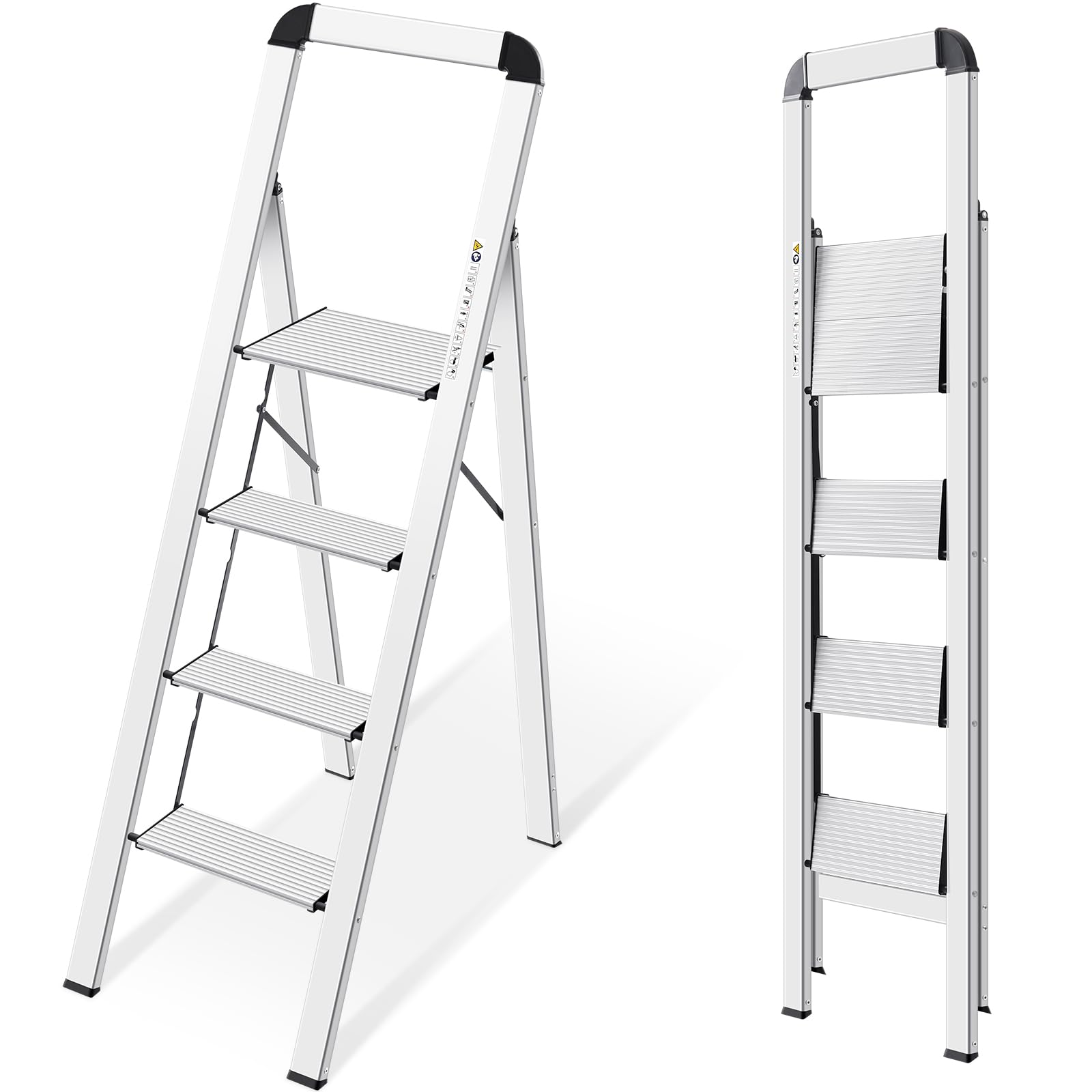 KINGRACK Leiter Aluminium, Trittleiter 4 stufen klappbar, leiter 4 stufen mit Handlauf, rutschfeste Haushaltsleiter mit Klappsicherung, Aluleiter Belastbar bis 150 kg, für Zuhause, Büro, Garten,Silber