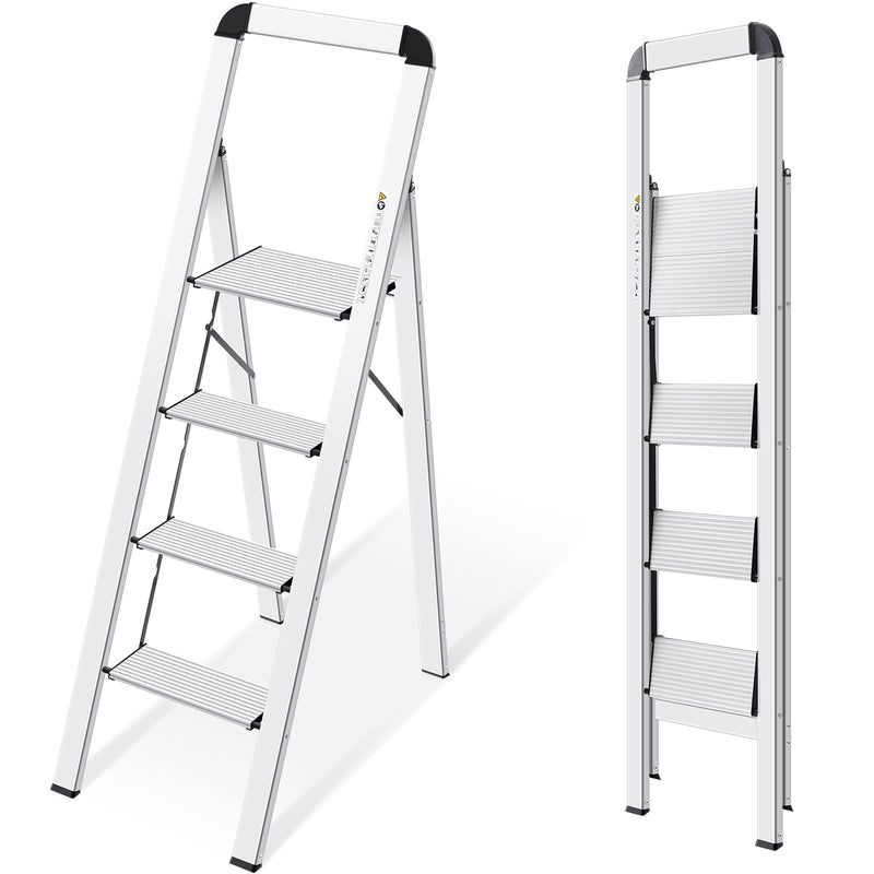 KINGRACK Leiter Aluminium, Trittleiter 4 stufen klappbar, leiter 4 stufen mit Handlauf, rutschfeste Haushaltsleiter mit Klappsicherung, Aluleiter Belastbar bis 150 kg, für Zuhause, Büro, Garten,Silber