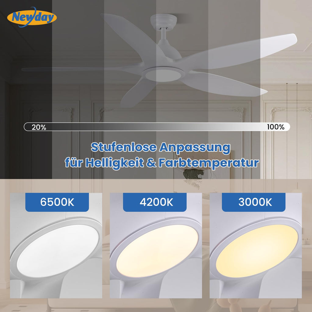 Newday Deckenventilatoren Große 153CM, Deckenventilator Weiß mit Beleuchtung und Fernbedienung Leise, Ventilator Lampe Decke mit 5 Flügel, Motor DC Reversibel, Speicherfunktion, Stufenloser Dimmer